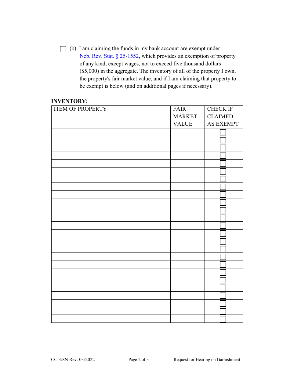 Form CC3:8N Request for Hearing on Garnishment - Nebraska, Page 2