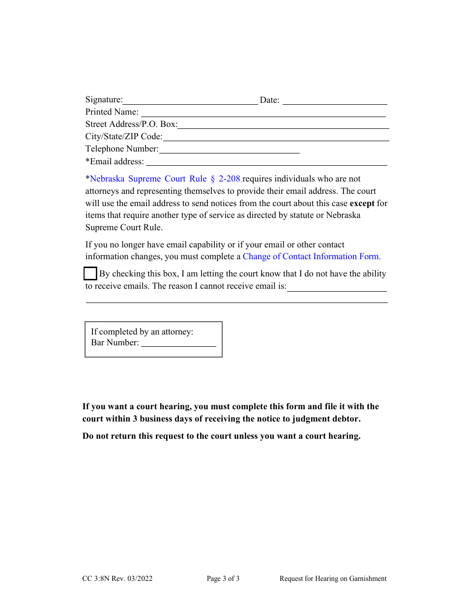 Form CC3:8N Request for Hearing on Garnishment - Nebraska, Page 3