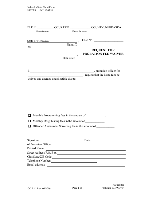 Form CC7:8.2 Request for Probation Fee Waiver - Nebraska