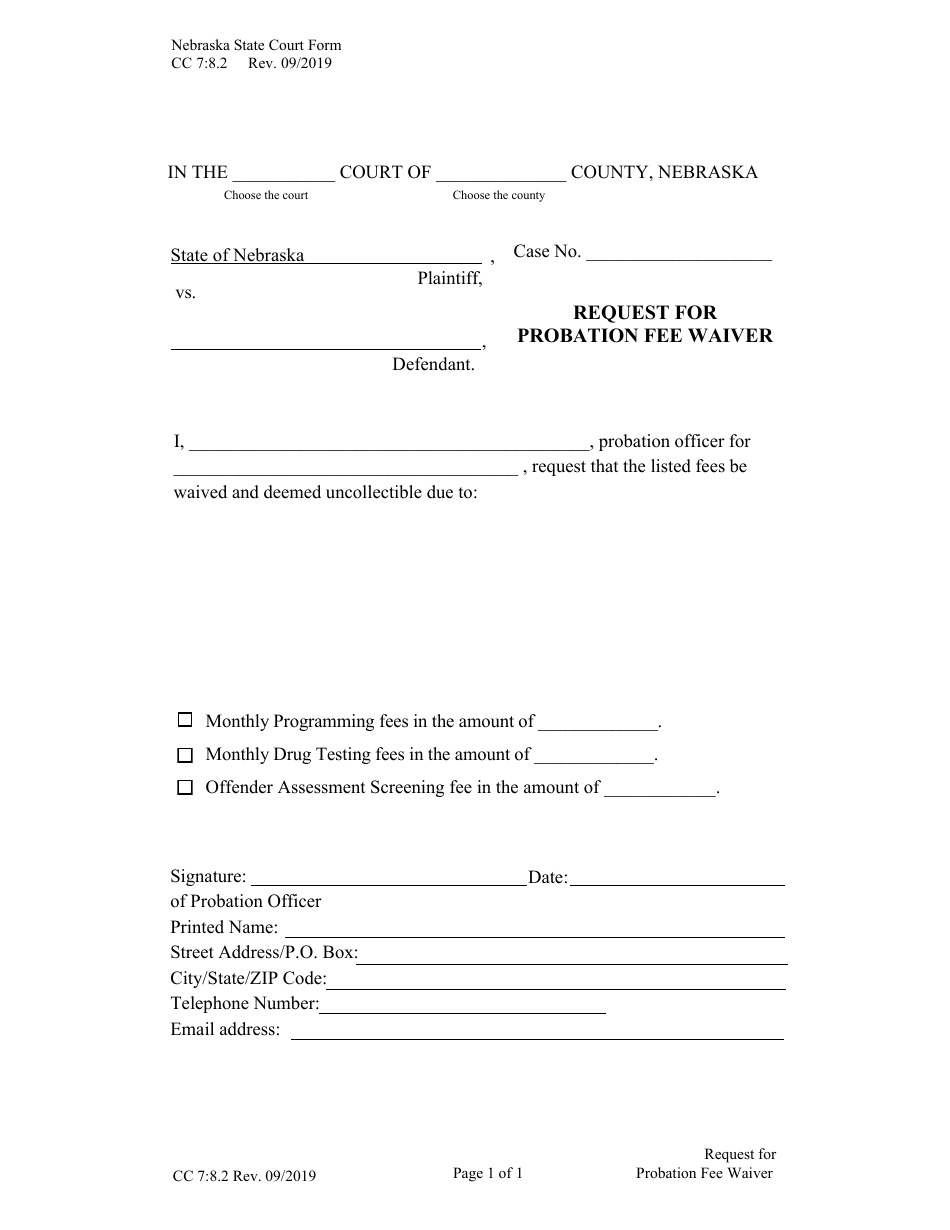 Form CC7:8.2 Request for Probation Fee Waiver - Nebraska, Page 1
