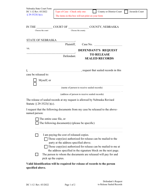 Form DC1:12 Defendant's Request to Release Sealed Records - Nebraska