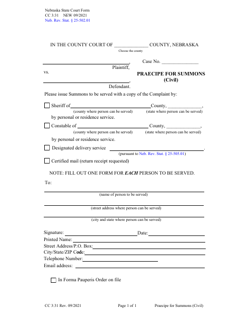 Form CC3:31 Praecipe for Summons (Civil) - Nebraska