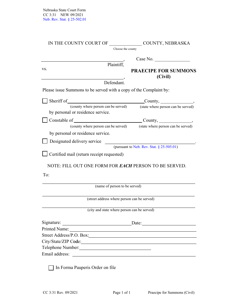 Form CC3:31 Praecipe for Summons (Civil) - Nebraska, Page 1