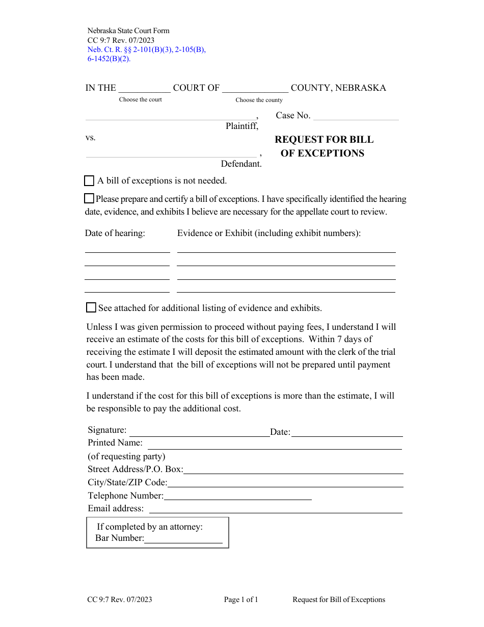 Form CC9:7 Request for Bill of Exceptions - Nebraska, Page 1