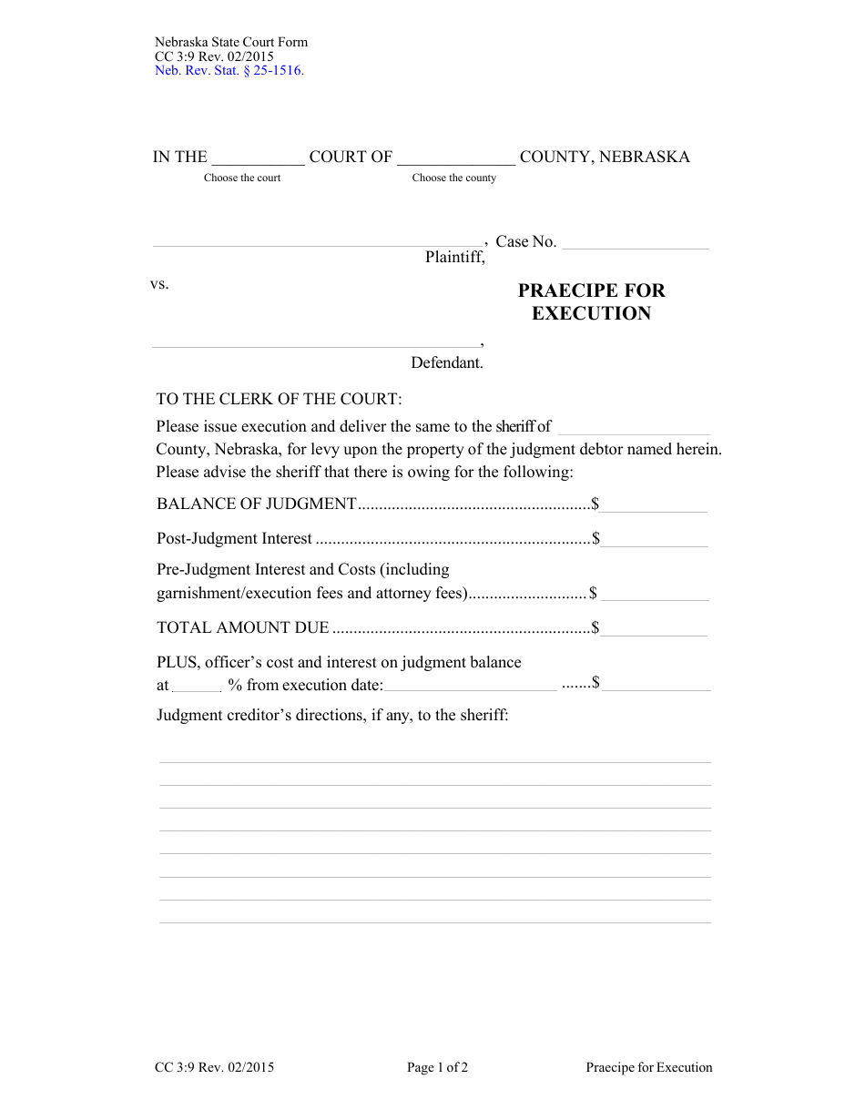 Form CC3:9 Praecipe for Execution - Nebraska, Page 1