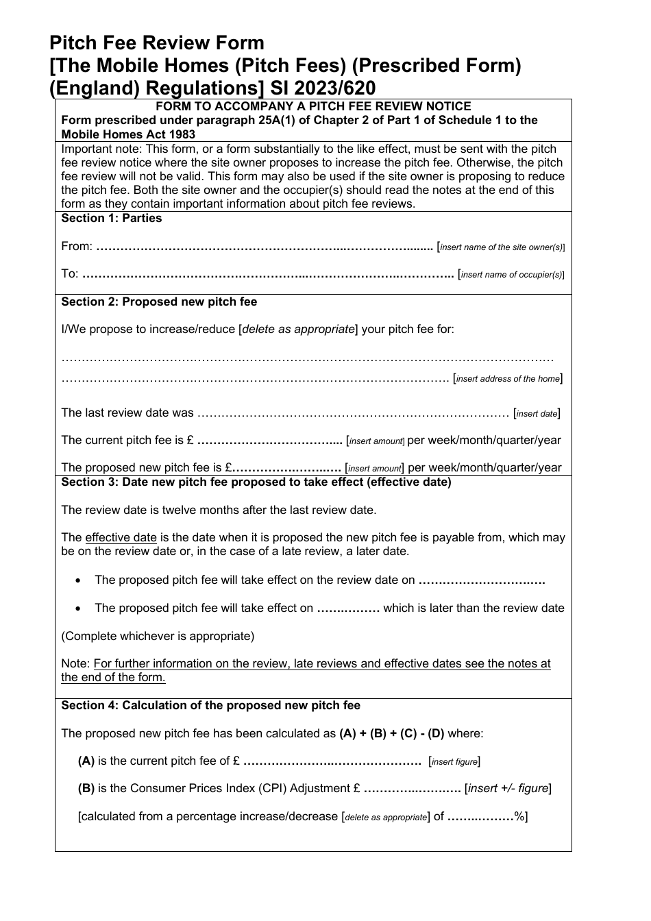 Pitch Fee Review Form - United Kingdom, Page 1