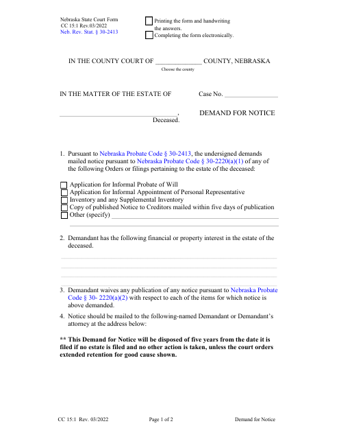 Form CC15:1 Demand for Notice - Nebraska