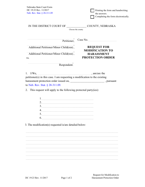 Form DC19:23 Request for Modification to Harassment Protection Order - Nebraska