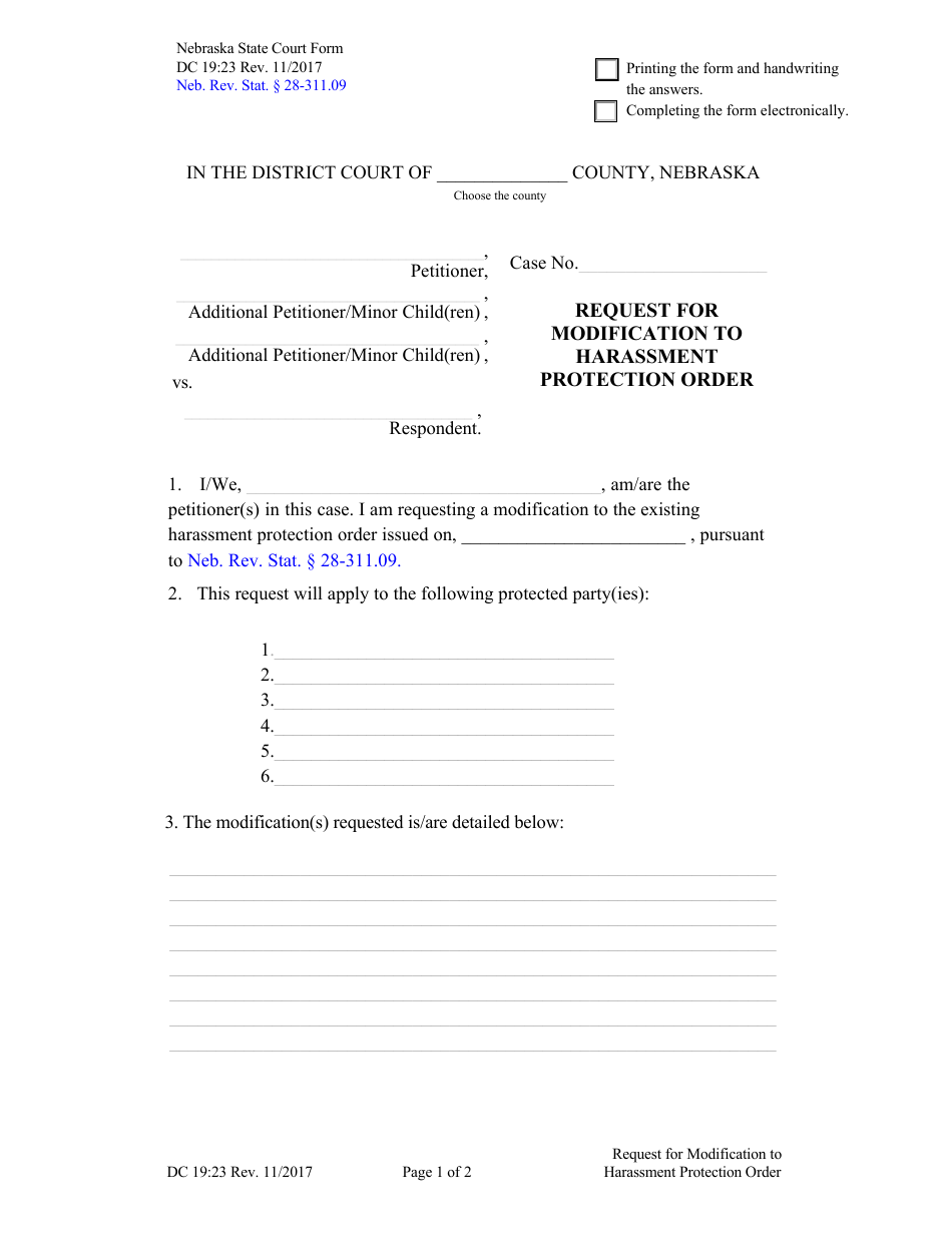 Form DC19:23 Request for Modification to Harassment Protection Order - Nebraska, Page 1