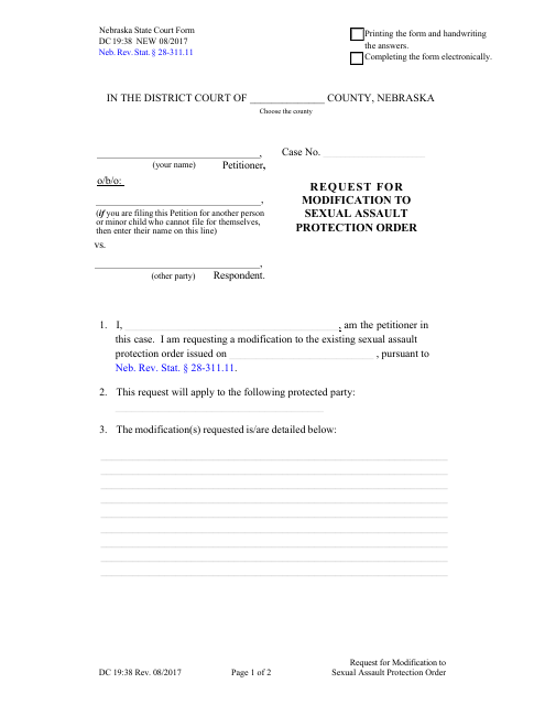 Form DC19:38 Request for Modification to Sexual Assault Protection Order - Nebraska