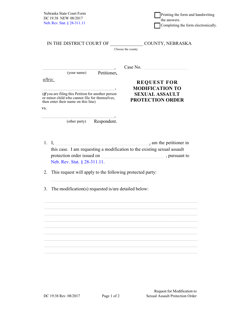 Form DC19:38 Request for Modification to Sexual Assault Protection Order - Nebraska, Page 1