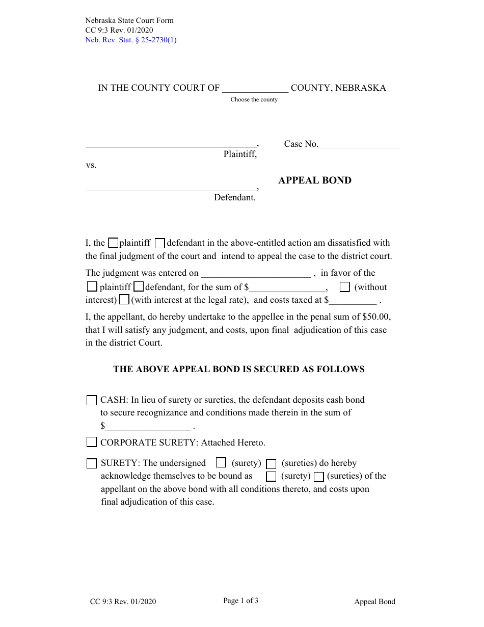 Form CC9:3 Appeal Bond - Nebraska, Page 1