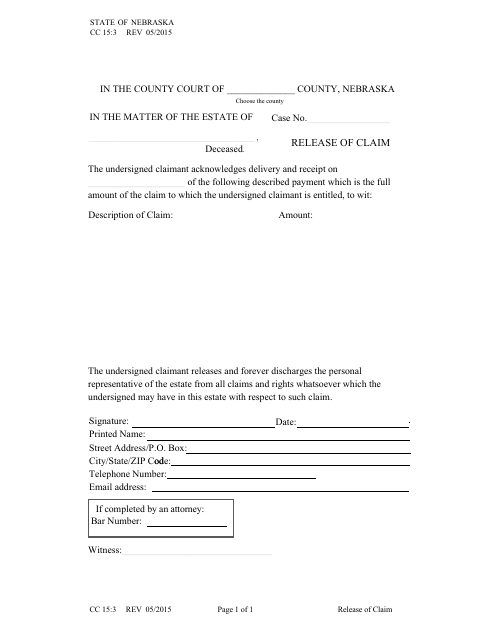 Form CC15:3 Release of Claim - Nebraska