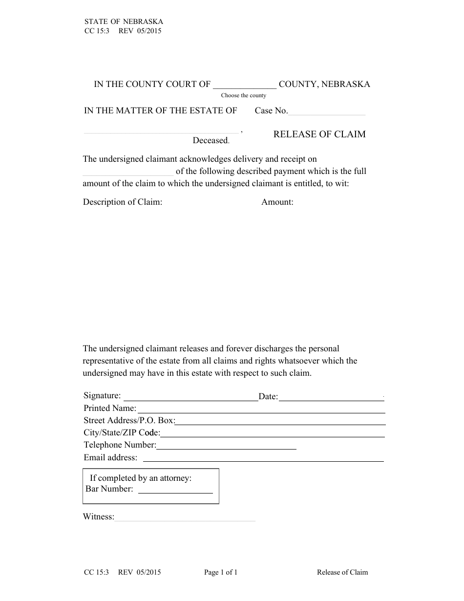 Form CC15:3 Release of Claim - Nebraska, Page 1