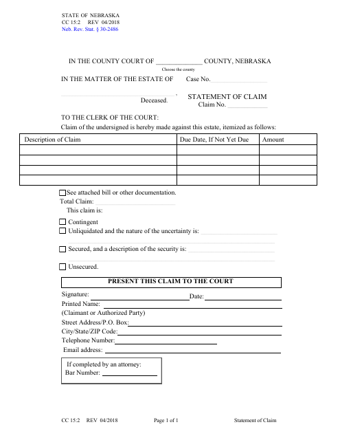 Form CC15:2 Statement of Claim - Nebraska