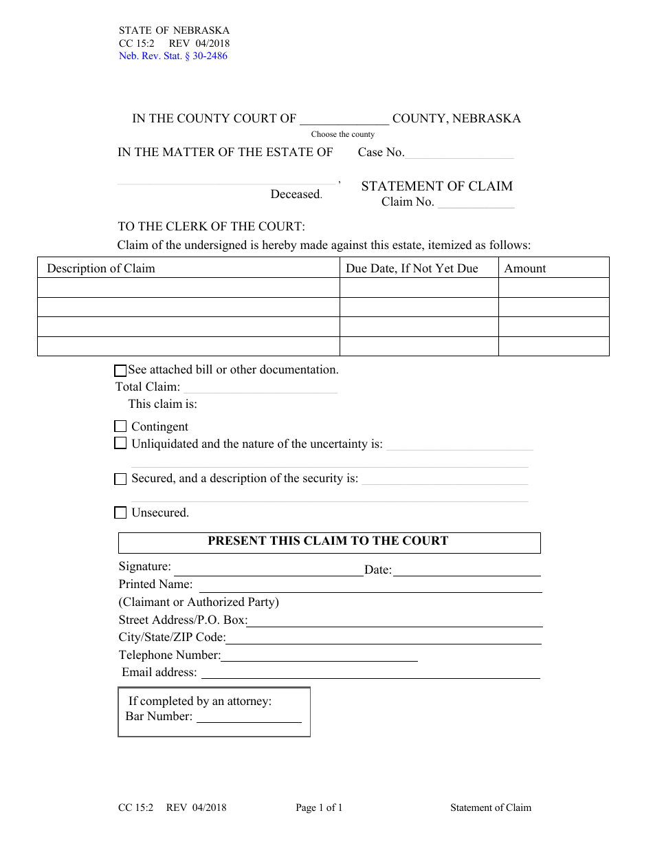 Form CC15:2 Statement of Claim - Nebraska, Page 1