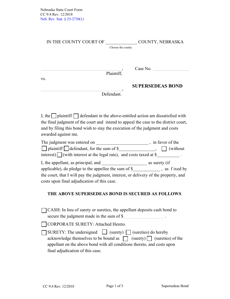 Form CC9:4 Supersedeas Bond - Nebraska, Page 1