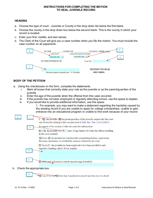 Instructions for Form JC15:1 Motion to Seal Juvenile Record - Nebraska