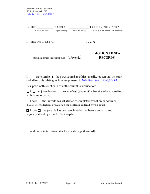 Form JC15:1 Motion to Seal Records - Nebraska