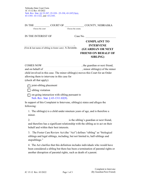 Form JC15:12 Complaint to Intervene (Guardian or Next Friend on Behalf of Sibling) - Nebraska