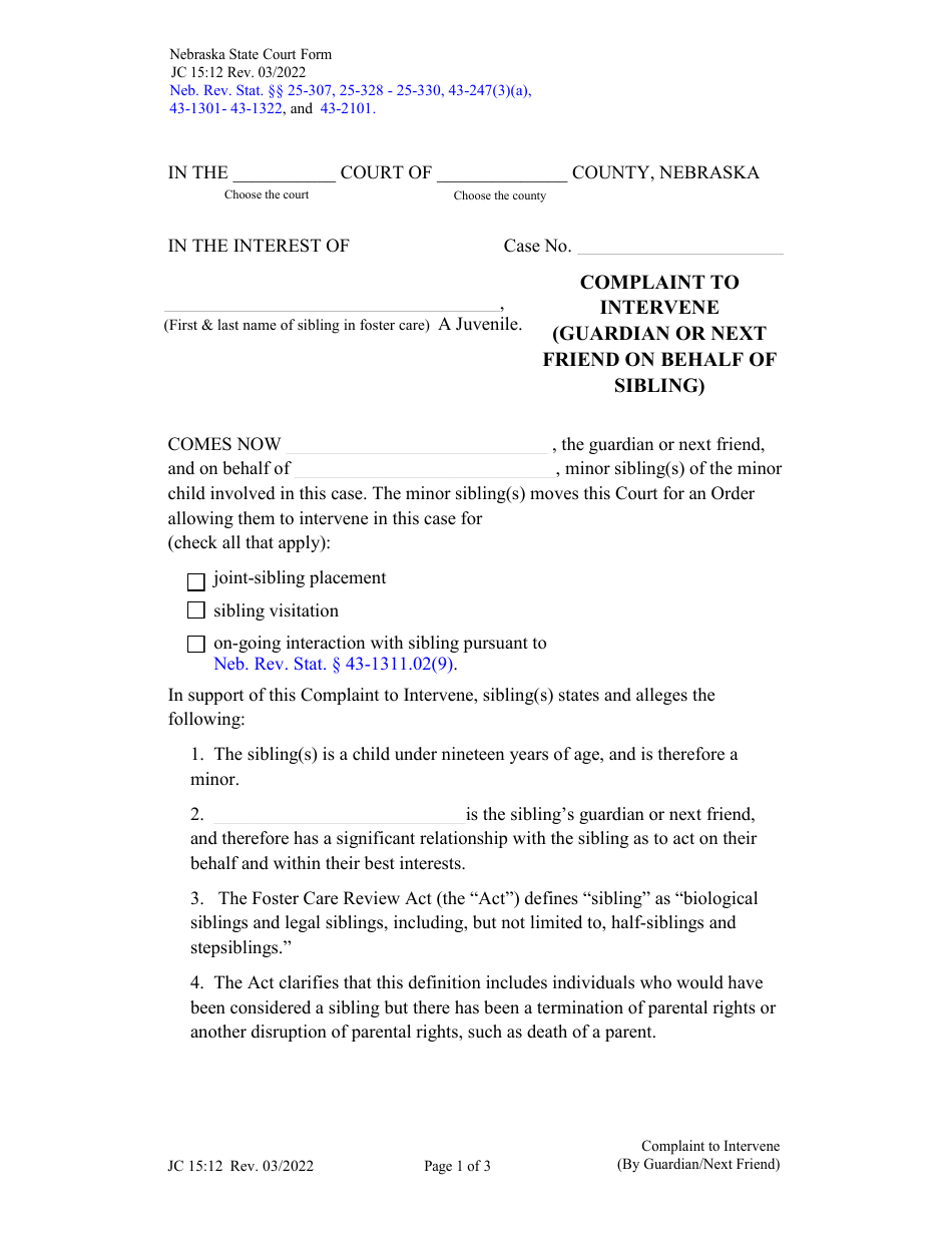 Form JC15:12 Complaint to Intervene (Guardian or Next Friend on Behalf of Sibling) - Nebraska, Page 1