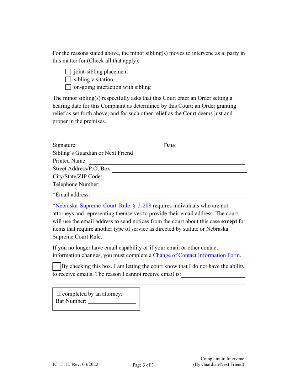 Form JC15:12 Complaint to Intervene (Guardian or Next Friend on Behalf of Sibling) - Nebraska, Page 3
