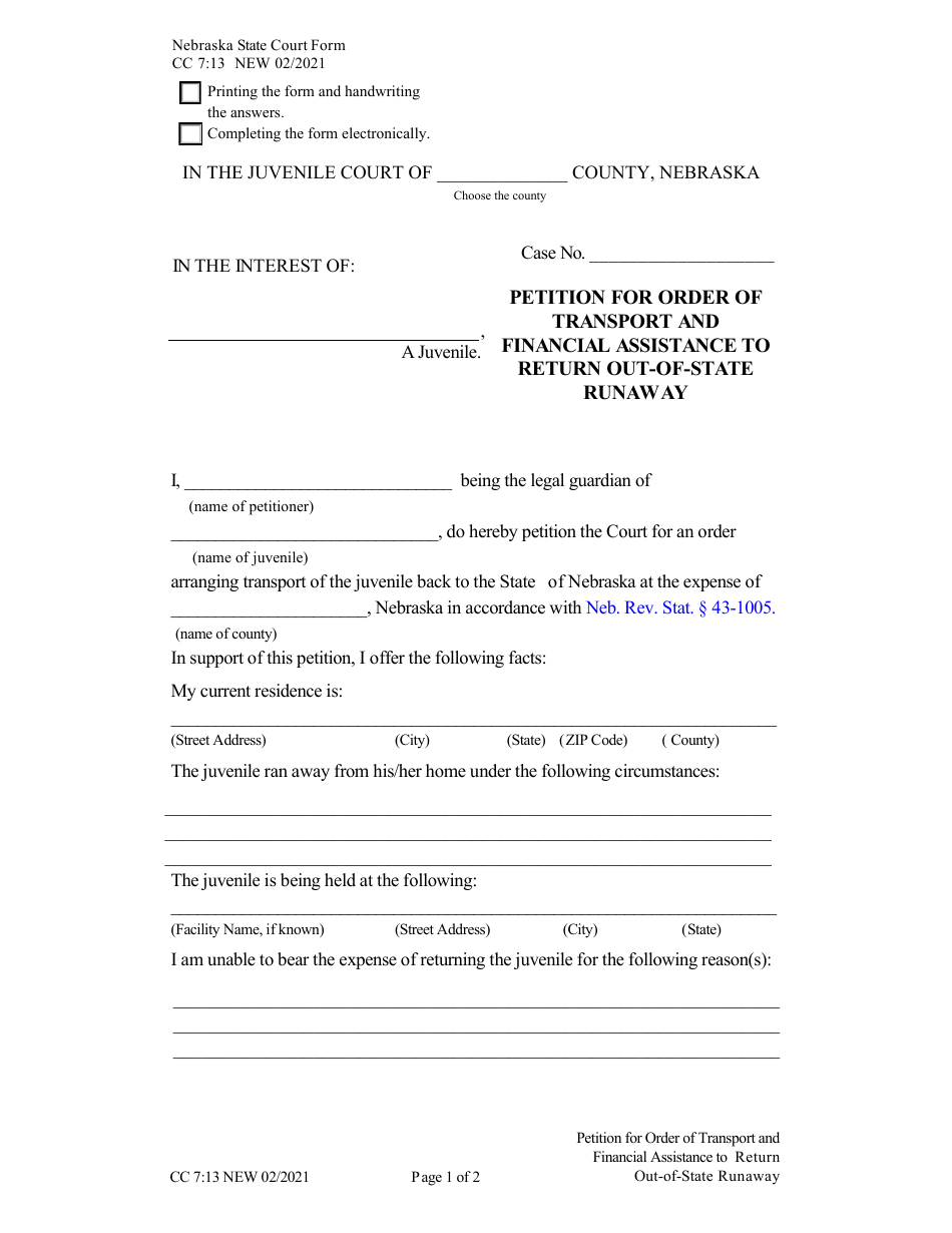 Form CC7:13 Petition for Order of Transport and Financial Assistance to Return Out-of-State Runaway - Nebraska, Page 1