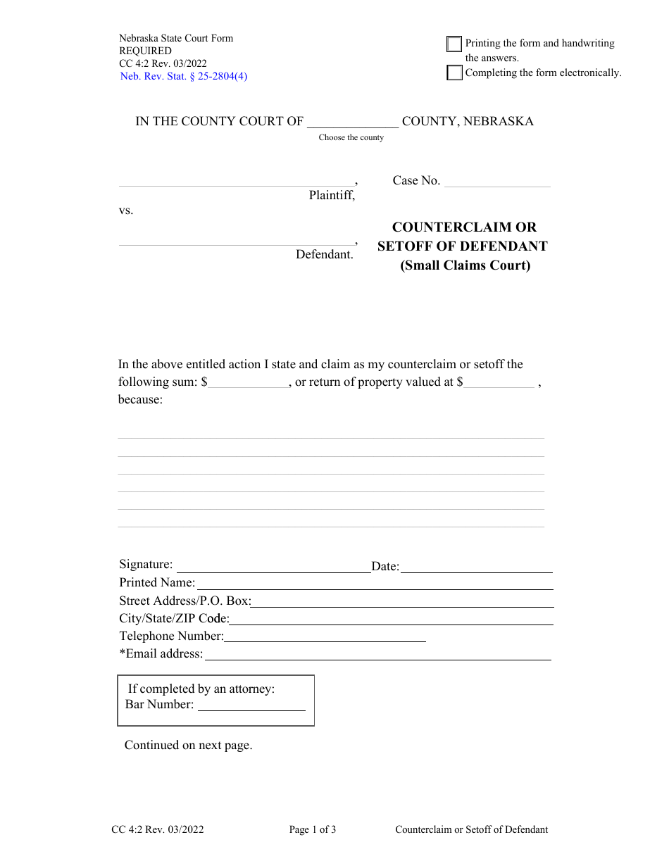 Form CC4:2 Counterclaim or Setoff of Defendant (Small Claims Court) - Nebraska, Page 1