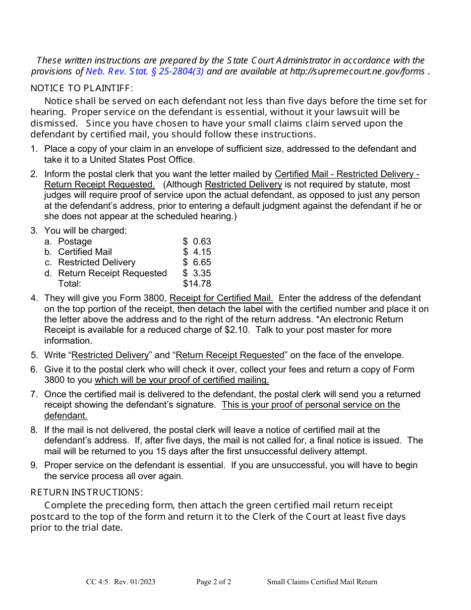 Form CC4:5 Small Claims Certified Mail Return - Nebraska, Page 2