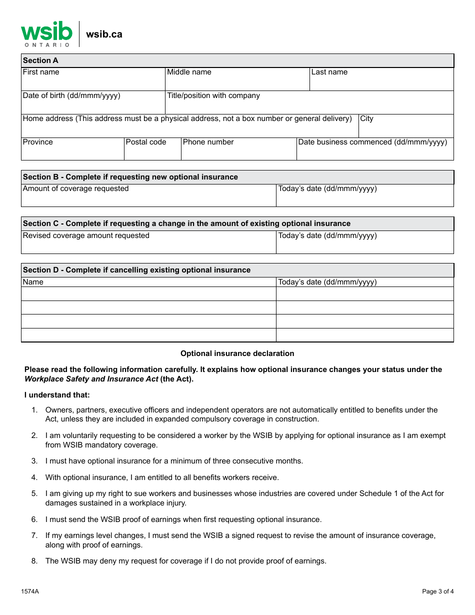 Form 1574A Optional Insurance Request / Change - Ontario, Canada, Page 3