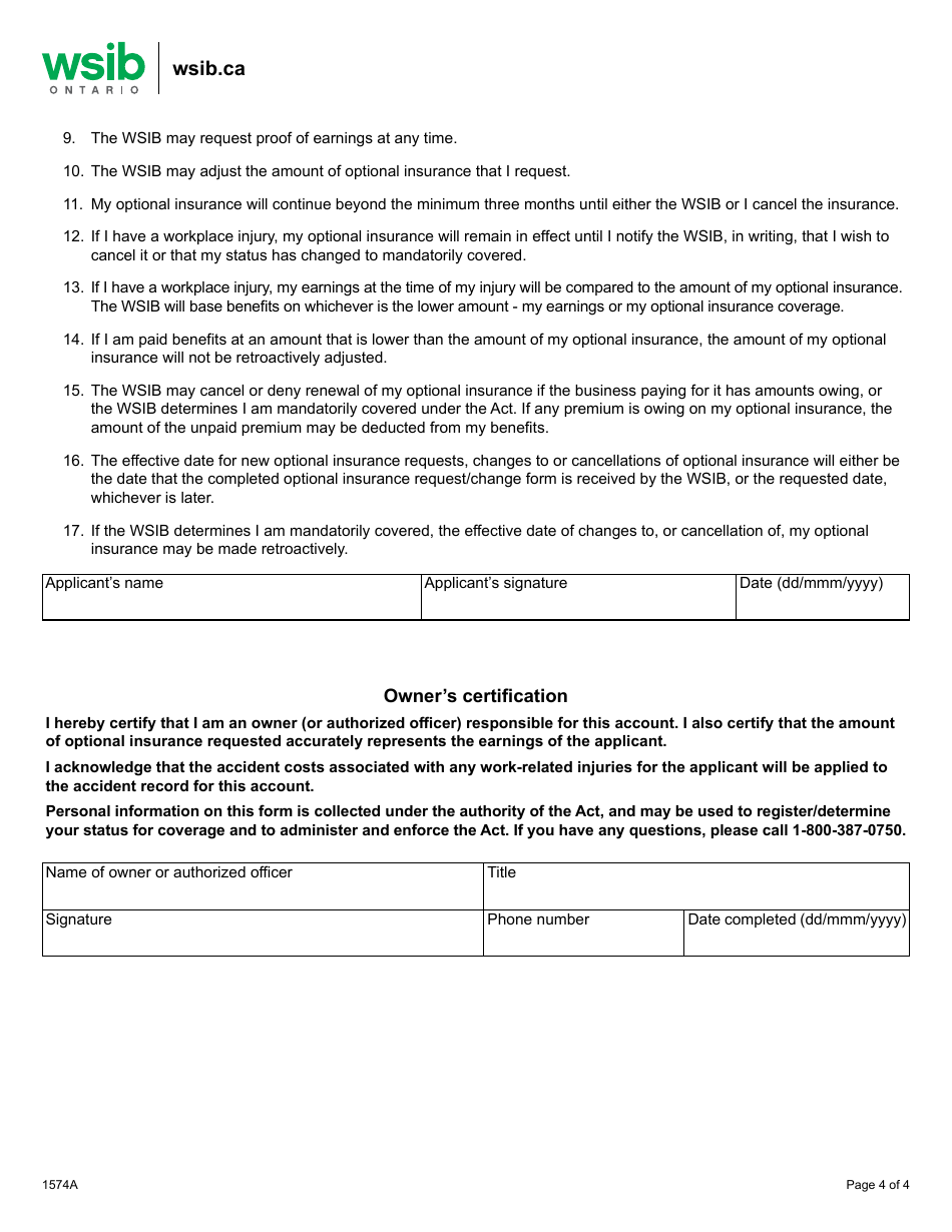 Form 1574A Optional Insurance Request / Change - Ontario, Canada, Page 4