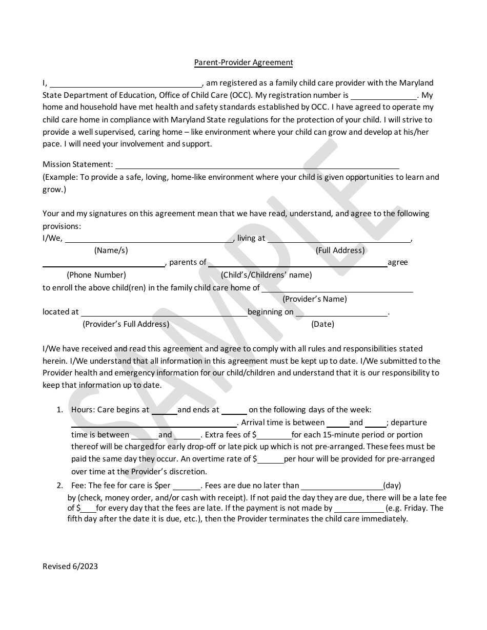 Parent-Provider Agreement - Sample - Maryland, Page 1