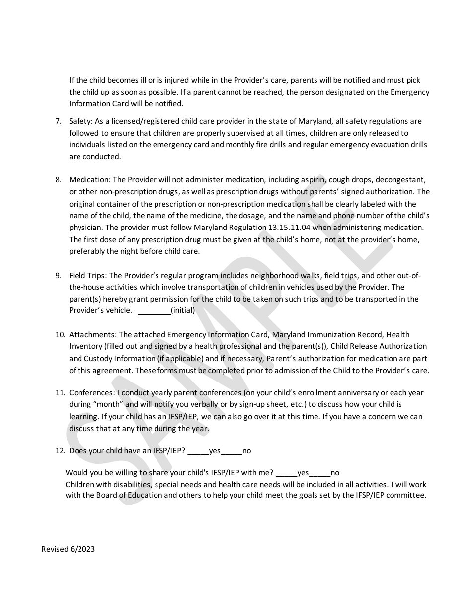 Parent-Provider Agreement - Sample - Maryland, Page 3