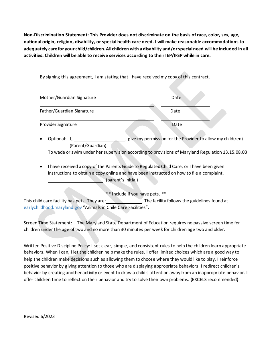 Parent-Provider Agreement - Sample - Maryland, Page 4