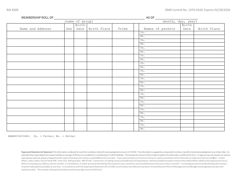 BIA Form 8306 Membership Roll, Page 1