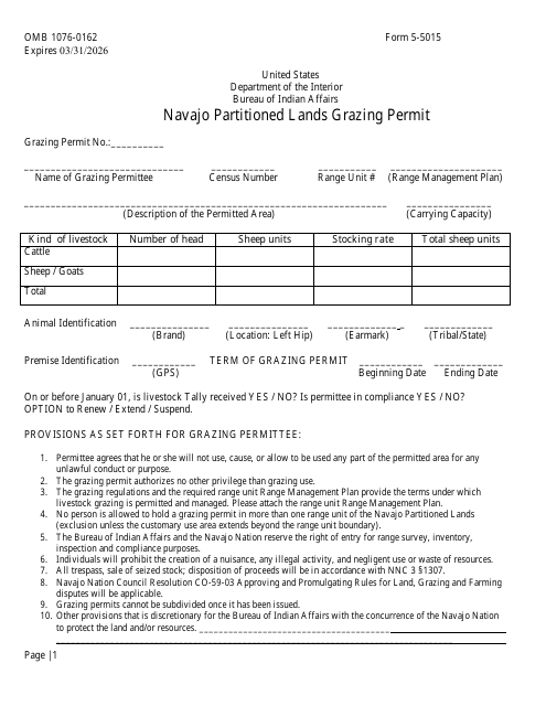 Form 5-5015 Navajo Partitioned Lands Grazing Permit