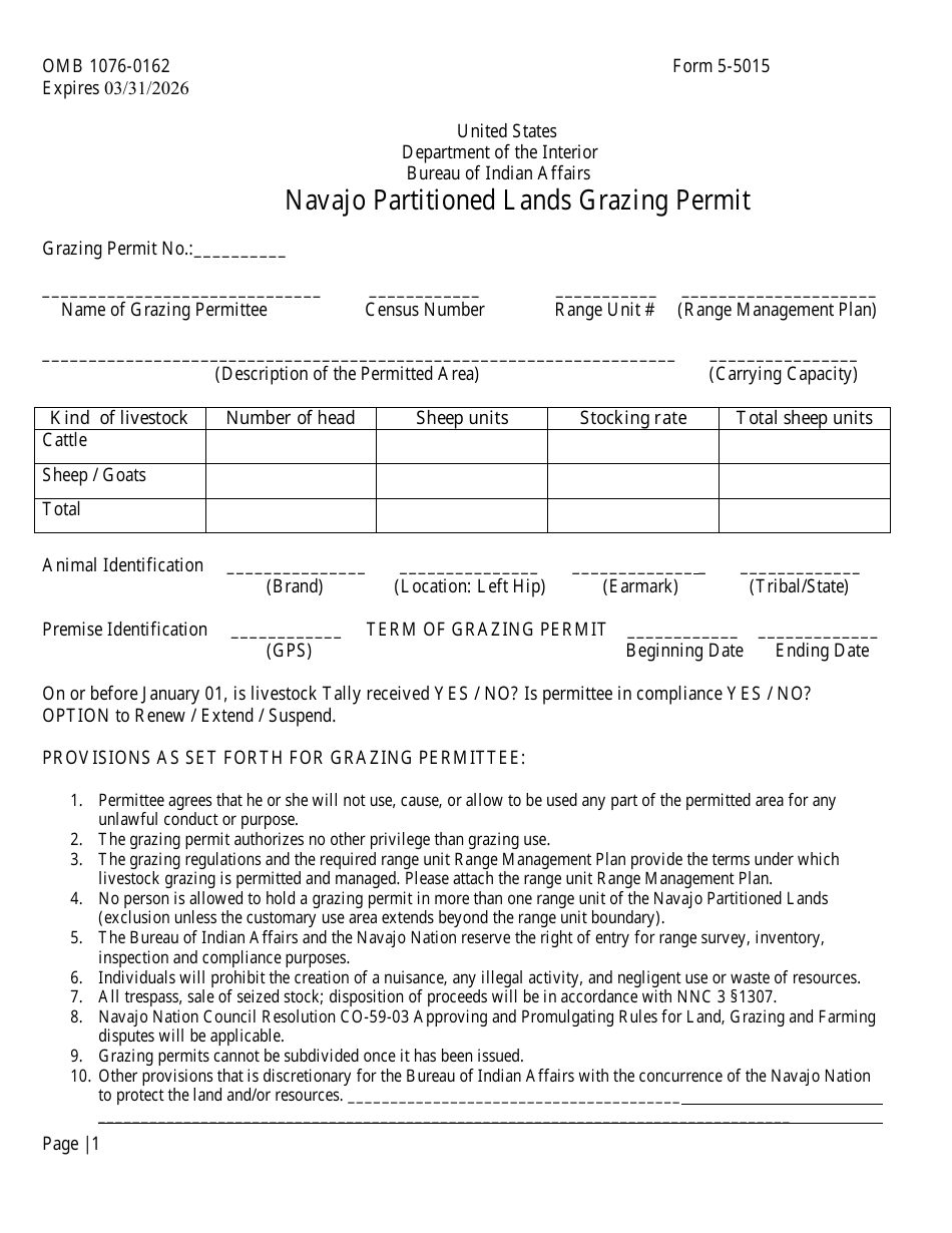 Form 5-5015 Navajo Partitioned Lands Grazing Permit, Page 1
