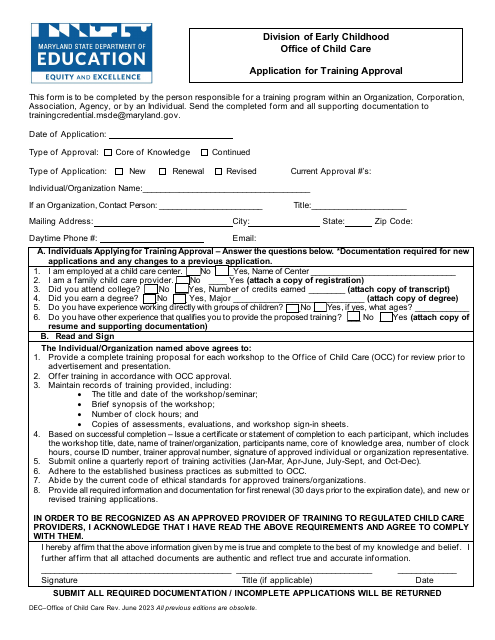 Application for Training Approval - Maryland Download Pdf