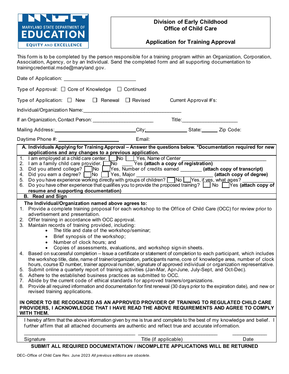 Application for Training Approval - Maryland, Page 1