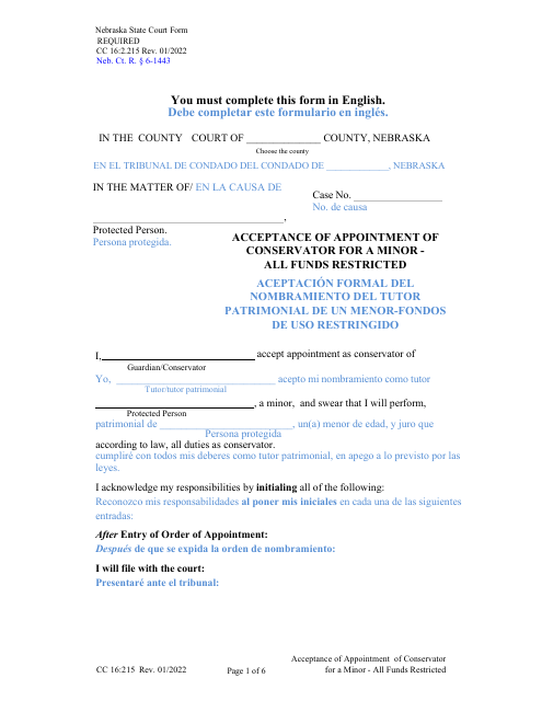 Form CC16:2.215 Acceptance of Appointment of Conservator for a Minor - All Funds Restricted - Nebraska (English/Spanish)