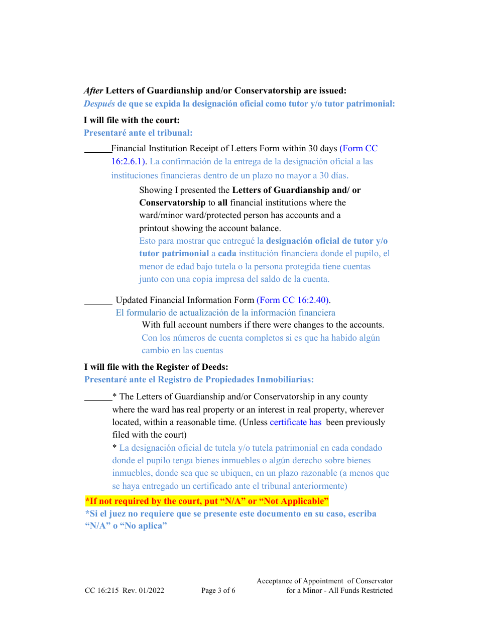 Form CC16:2.215 Acceptance of Appointment of Conservator for a Minor - All Funds Restricted - Nebraska (English / Spanish), Page 3
