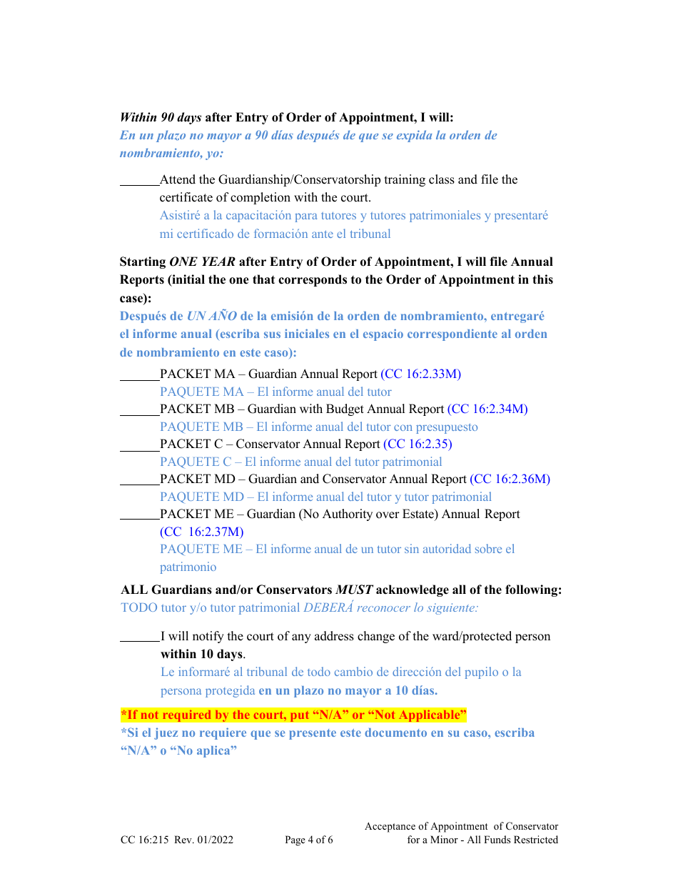 Form CC16:2.215 Acceptance of Appointment of Conservator for a Minor - All Funds Restricted - Nebraska (English / Spanish), Page 4
