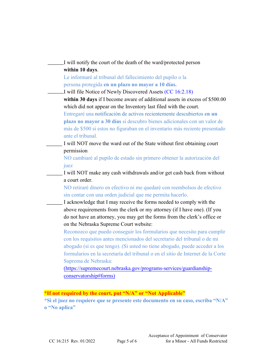 Form CC16:2.215 Acceptance of Appointment of Conservator for a Minor - All Funds Restricted - Nebraska (English / Spanish), Page 5