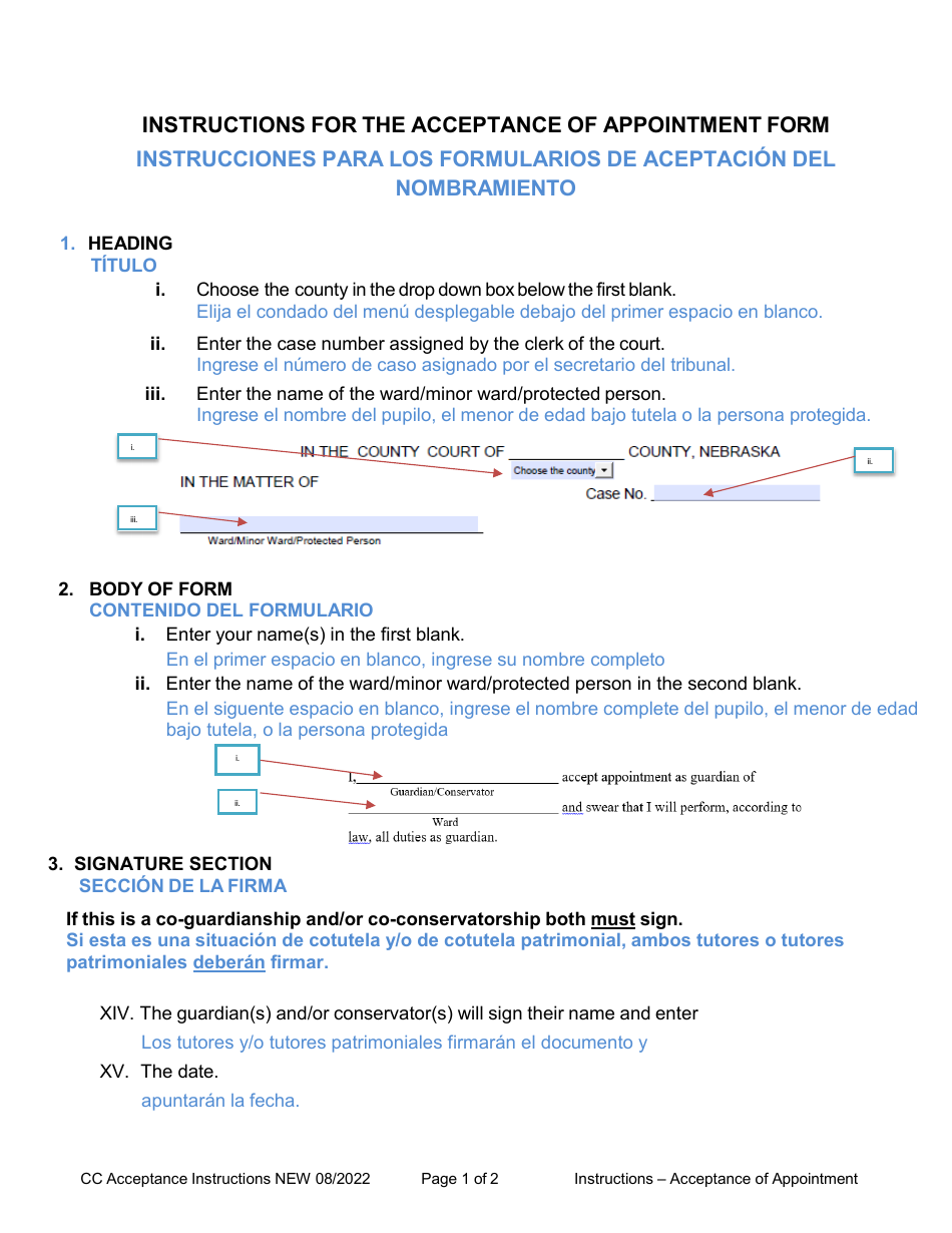 Instructions for Form CC GLOBAL-ACCEPTANCE Acceptances, Guardianships and / or Conservatorships, All Variations Included - Nebraska (English / Spanish), Page 1