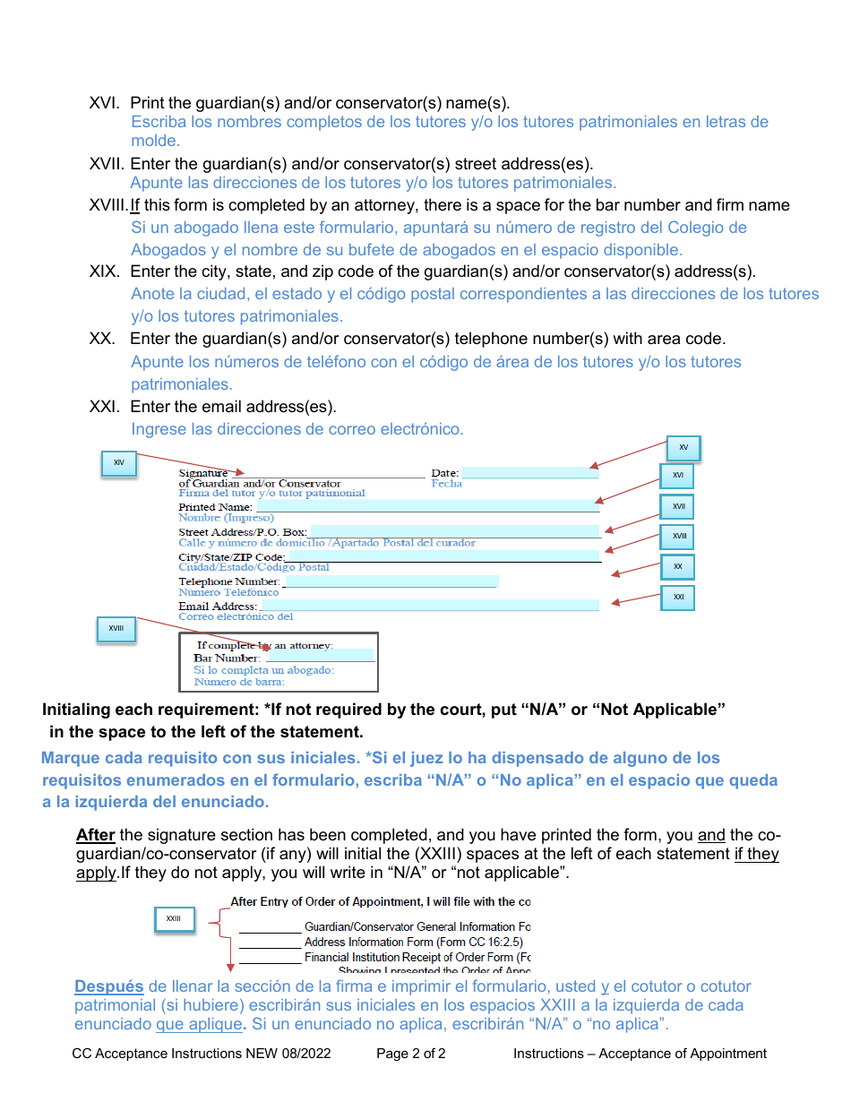 Instructions for Form CC GLOBAL-ACCEPTANCE Acceptances, Guardianships and / or Conservatorships, All Variations Included - Nebraska (English / Spanish), Page 2