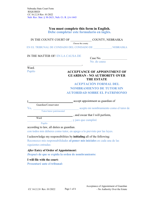 Form CC16:2.2.8 Acceptance of Appointment of Guardian - No Authority Over the Estate - Nebraska (English/Spanish)