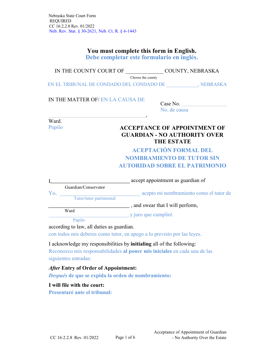 Form CC16:2.2.8 Acceptance of Appointment of Guardian - No Authority Over the Estate - Nebraska (English / Spanish), Page 1