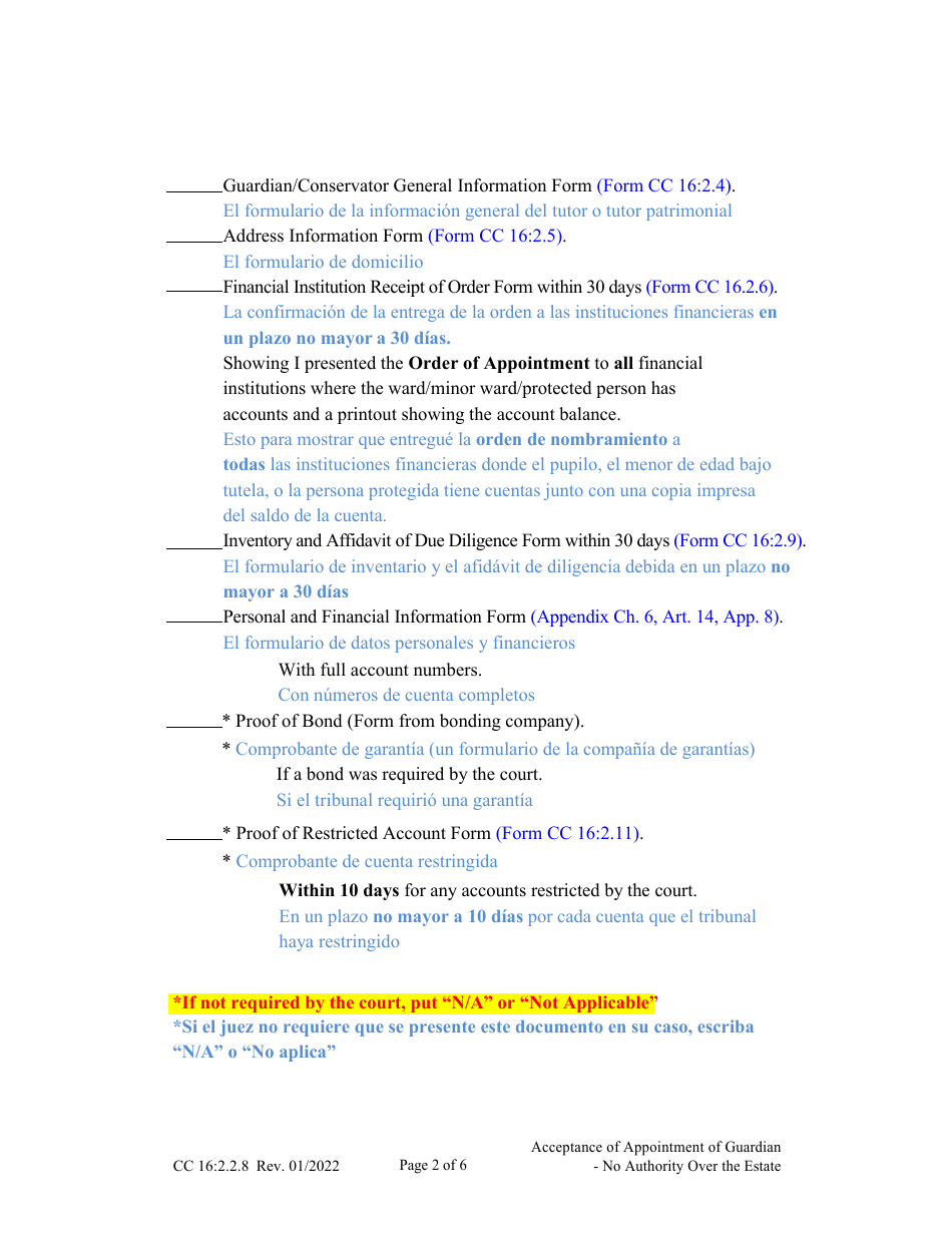 Form CC16:2.2.8 Acceptance of Appointment of Guardian - No Authority Over the Estate - Nebraska (English / Spanish), Page 2