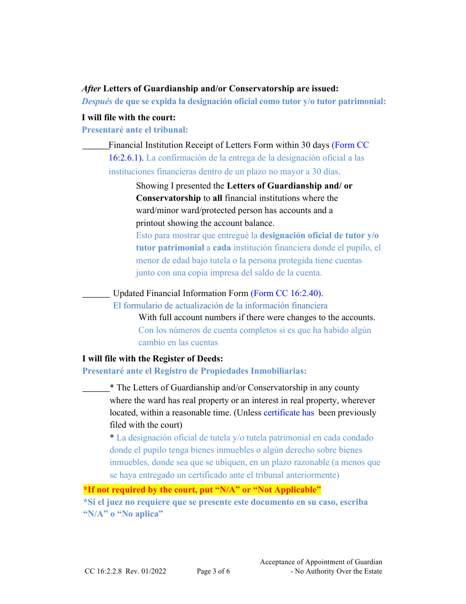 Form CC16:2.2.8 Acceptance of Appointment of Guardian - No Authority Over the Estate - Nebraska (English / Spanish), Page 3