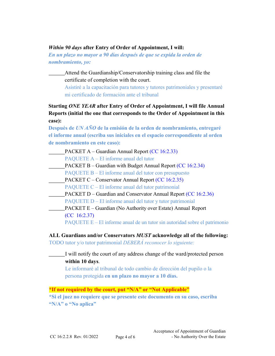 Form CC16:2.2.8 Acceptance of Appointment of Guardian - No Authority Over the Estate - Nebraska (English / Spanish), Page 4
